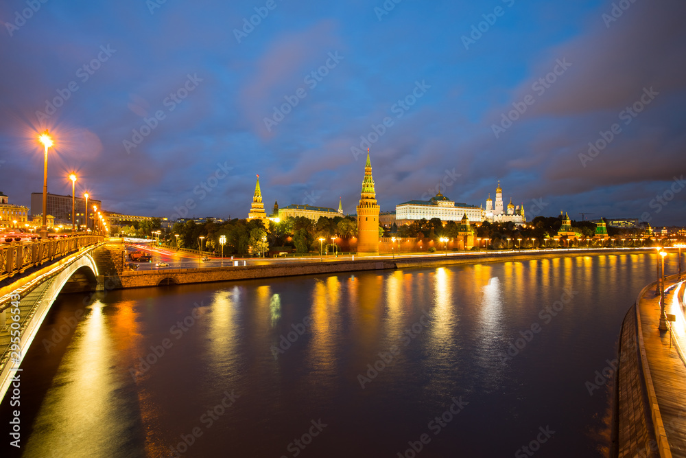 View On Moscow Kremlin On Coast Of Moscow River With Illuminations.