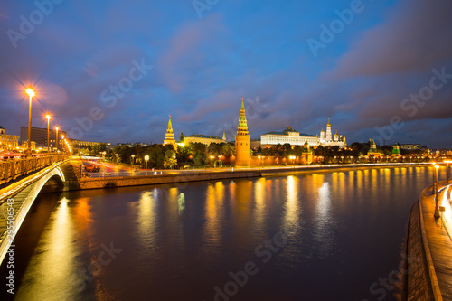 View On Moscow Kremlin On Coast Of Moscow River With Illuminations.