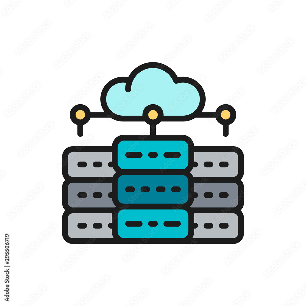 Web hosting server, data centre, distributed database flat color line icon. Web hosting server, data centre, distributed database flat color line icon.