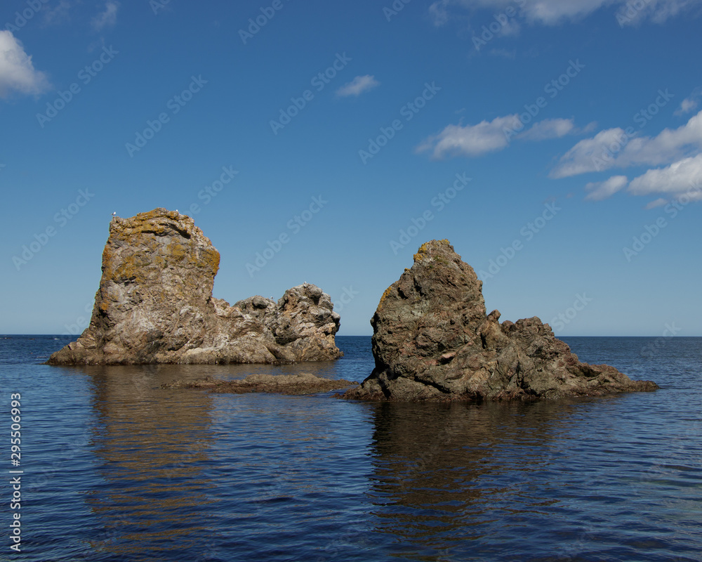 A beautiful rock formations near the coast of the Sea of Okhotsk. Cape Velikan, island Sakhalin, Russia