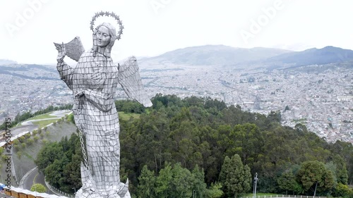 Panecillo Quito Virgin Sculpture in Ecuador, aerial shot