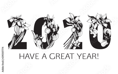 Happy New Year floral pattern 2020 figures hand drawn floral ornament.