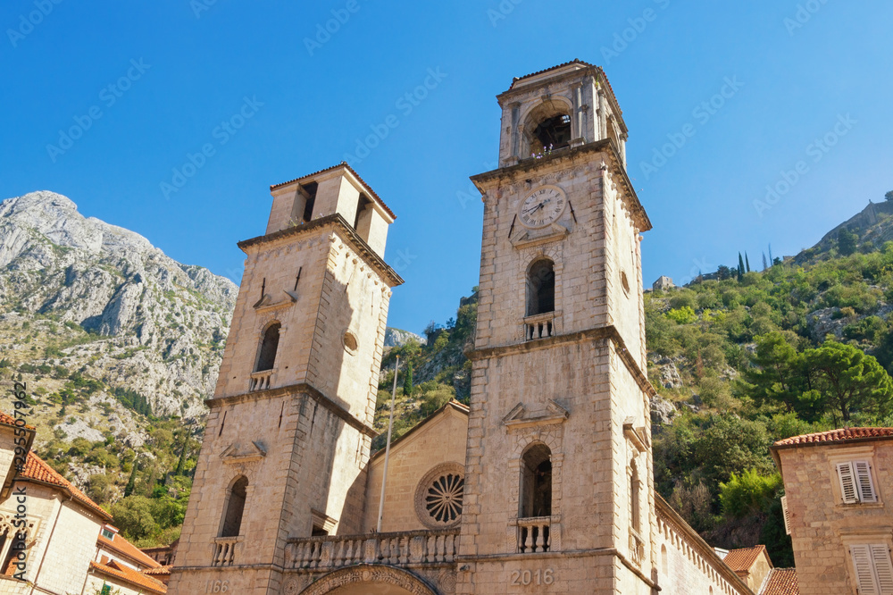 Montenegro. Old Town of Kotor, UNESCO-World Heritage Site. View of Cathedral of Saint Tryphon on sunny autumn day
