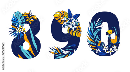Decorative set tropical pattern numbers figures hand drawn floral ornament.