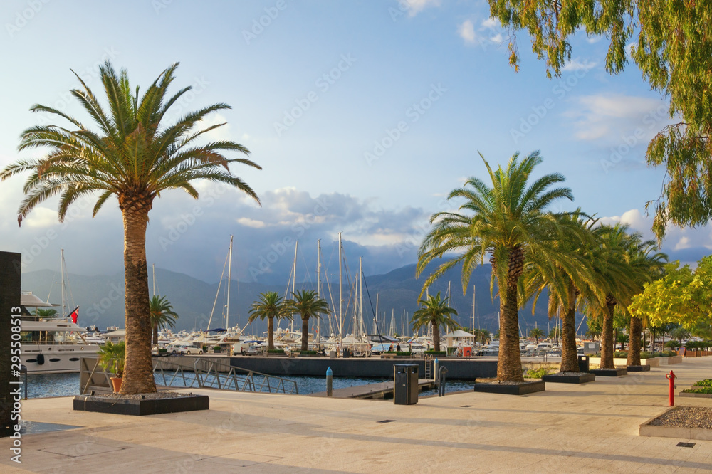 View of embankment of Tivat city and yacht marina of Porto Montenegro on autumn day.  Montenegro, Adriatic Sea, Bay of Kotor