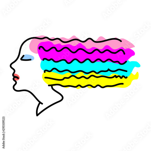 Silhouette of the head of a girl with multi-colored hair on a white background. Icon, Isolated