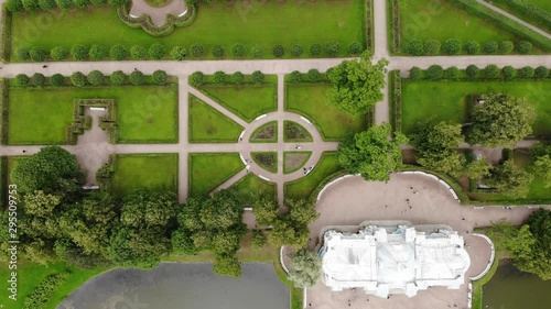 Park of Catherine Palace (Yekaterininskiy dvorets)  in Tsarskoye Selo (Pushkin)    landscape design with pattern. Aerial view  from top down. flying over photo