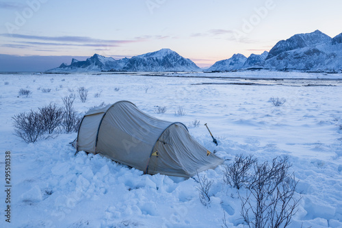 Camping on Lofoten islands in winter
