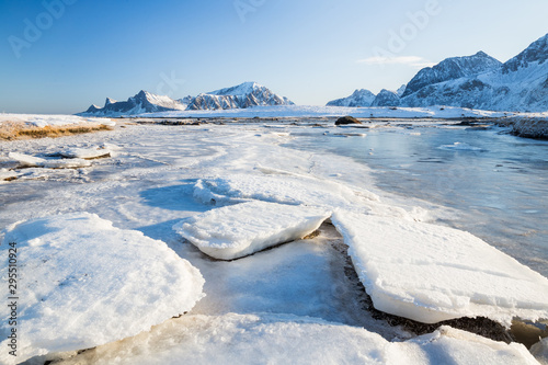 Beautiful winter landscape on Lofoten islands at a sunny day