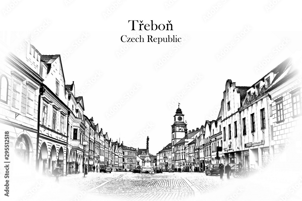 Downtown in Trebon, Czech Republic - Vintage travel sketch.