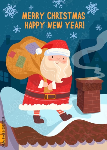Christmas and New Year greeting card design, Santa on the rooftop. Cartoon vector illustration.