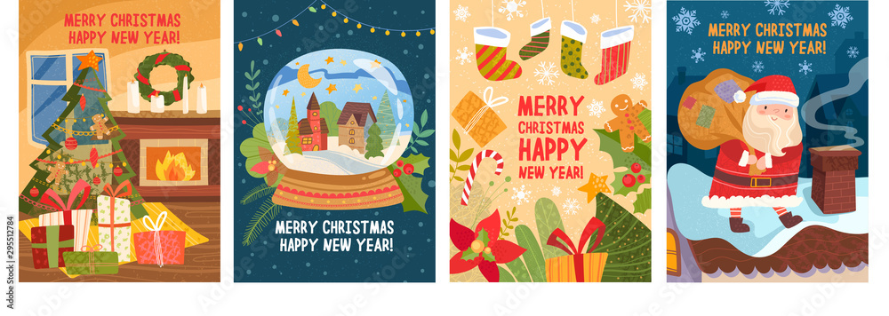 Fototapeta premium Set of four Christmas greeting card designs with text Merry Christmas Happy New Year and colorful Xmas scenes of a decorated tree, snow globe, decorations and Santa on the rooftop, vector illustration