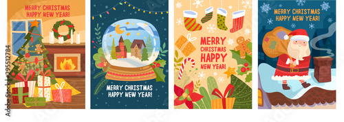 Set of four Christmas greeting card designs with text Merry Christmas Happy New Year and colorful Xmas scenes of a decorated tree, snow globe, decorations and Santa on the rooftop, vector illustration