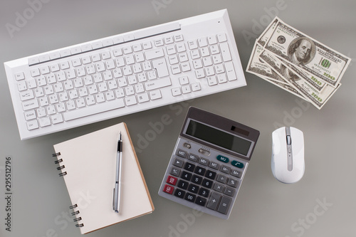 Layout with office equipment. Banker's working surface. Business concept.