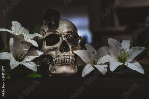 Halloween skull with lilley flowers, moody dark theme photo