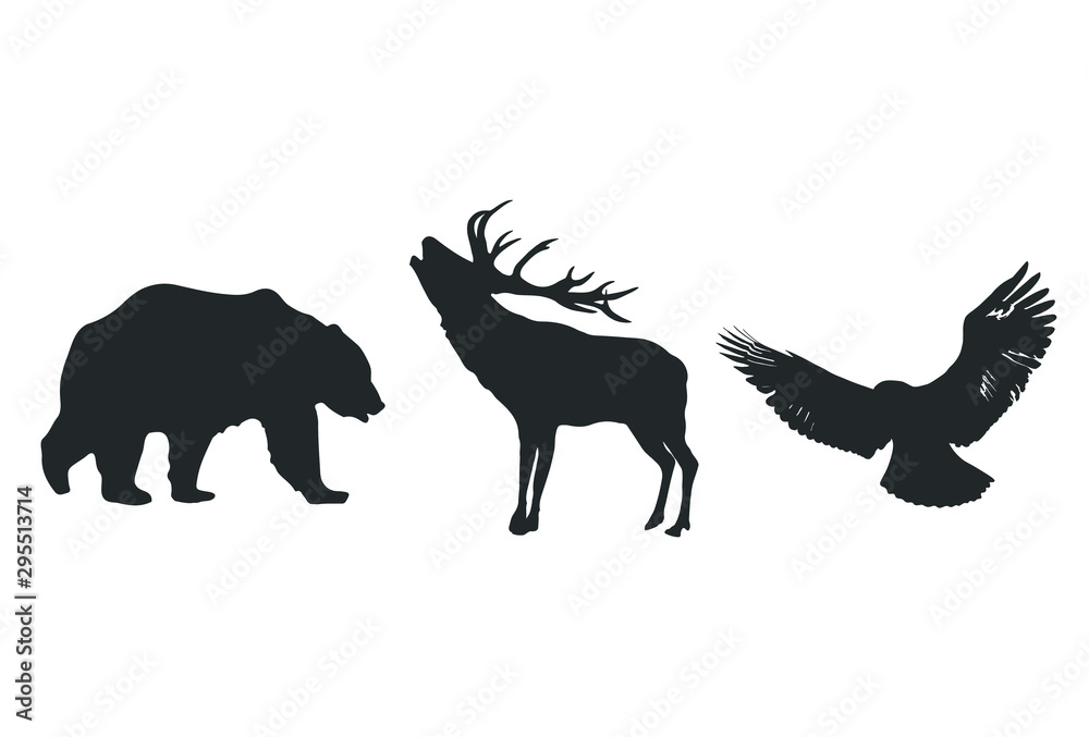 Vector deer, bear, eagle silhouettes isolated on white background.
