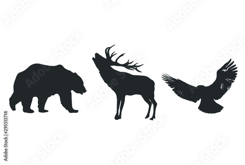Vector deer  bear  eagle silhouettes isolated on white background.