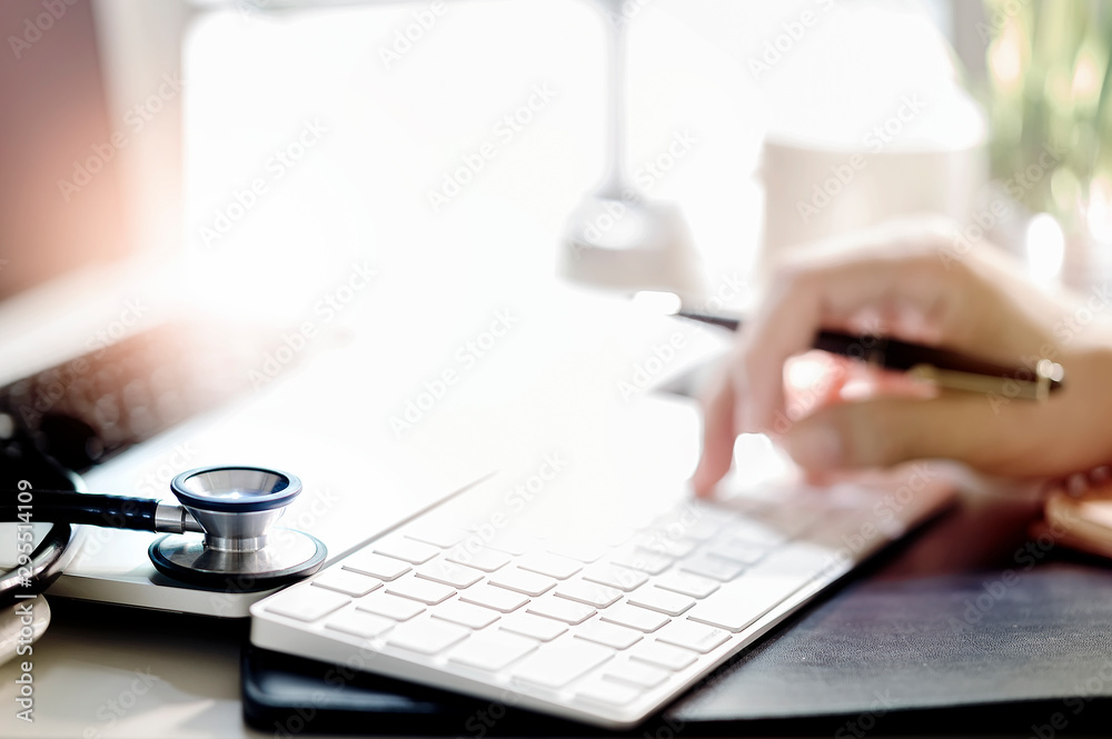 Closeup stethoscope on laptop. Closeup stethoscope on laptop.