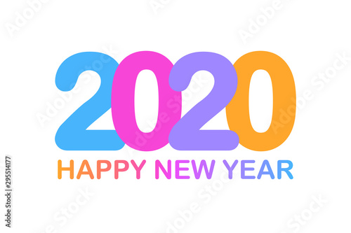 Happy New Year 2020 multicolor logo text design. Design template for diary, brochure, Xmas card, sale banner, invitation. Holiday banner on white backdrop. Color gradient congratulation text.