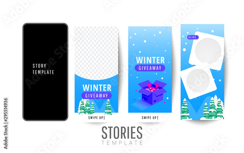 Give away gifts or prize draw social media banner or poster template design with gift boxes, christmas trees