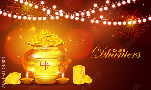 illustration of golden kalash full of gold coins(laxami) and diya on celebration traditional Diwali background with fireworks and lights.