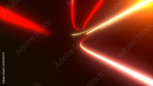Random white red energy light lines with glowing traces flying in abstract space. Motion animation showing bright energy curved line shape with speed trail trace effect fading away to black