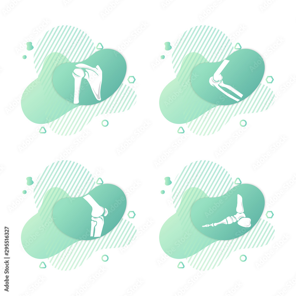Orthopedic anatomy bone set icon. Abstract background with knee, foot, shoulder, elbow bones and joints. Orthopedics medical. Green and white. Vector illustration