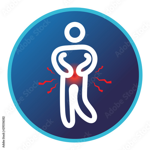 Injury of the back pain icon, concept symptom of back and pelvic injury and pain. Medical icon blue background, bones and joints. Vector illustration.