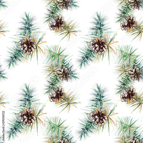hand-drawn watercolor pattern of fir branches of green conifer and cones on a white seamless background for use in design  invitation design  wrapping paper  textile  fashion  wallpaper