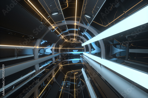 Dark tunnel with light at the end, 3d rendering.