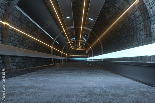 Dark tunnel with light at the end, 3d rendering.