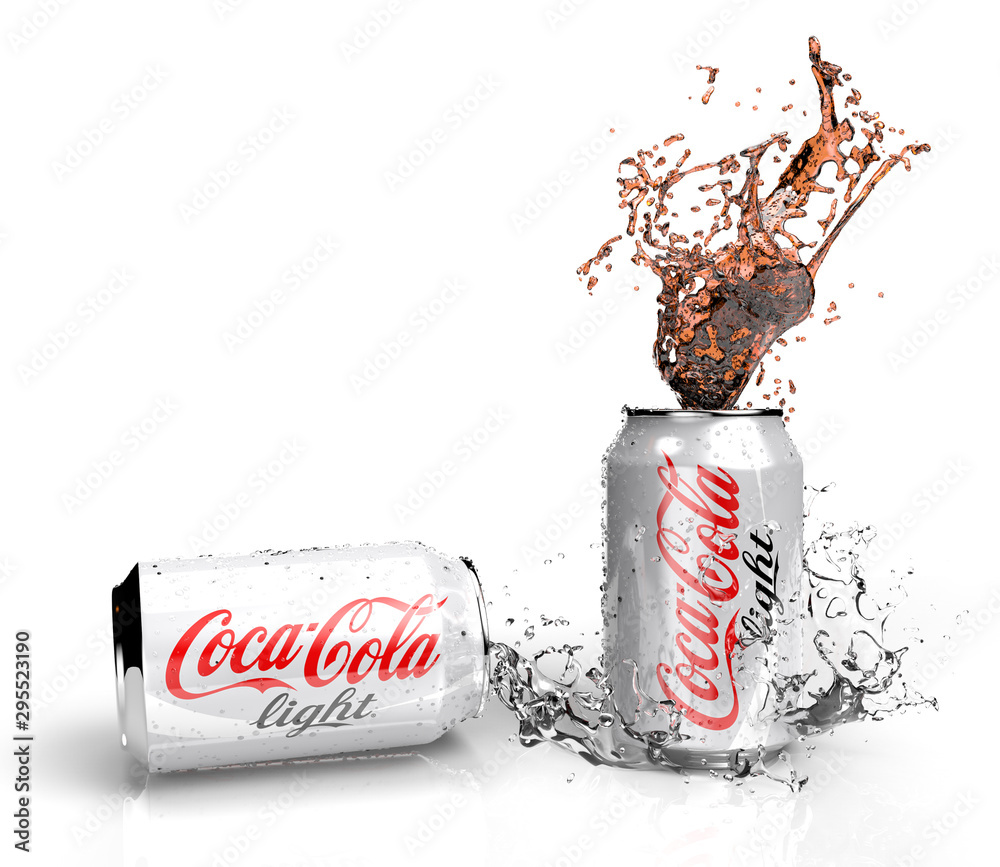 of Coca-Cola Light can with splash isolated on white background Coca Cola is the most popular carbonated sold worldwide Stock Photo | Adobe Stock