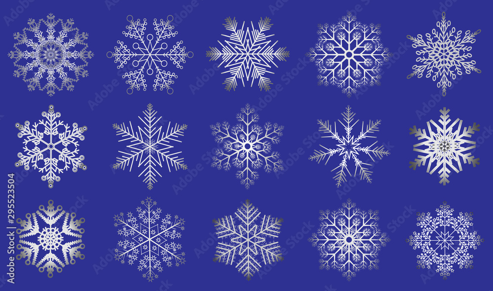 Vector set of 15 silver snowflakes on a blue background. Christmas and New Year snow flakes collection.