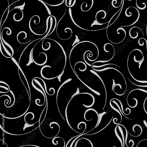 seamless pattern in black and white with curls and plant elements