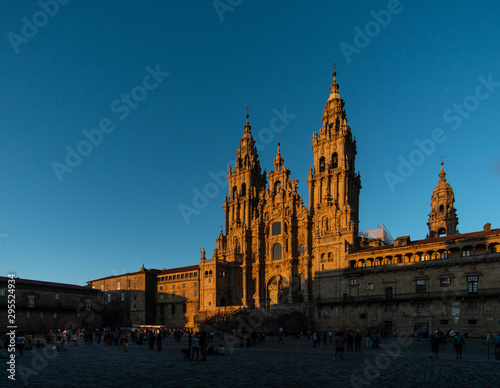 Catedral of Santiago de Compostela and the Obradoiro Square at sunset on a sunny day in August