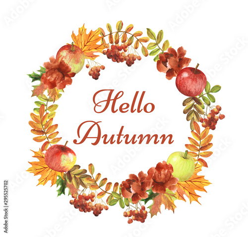 Hello autumn. Watercolor autumn wreath with apples and flowers.
