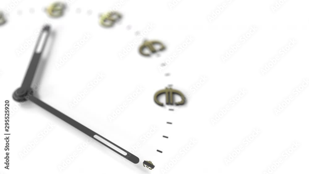 Hand pointing at euro symbols on white clock face. Investment related conceptual 3D animation Hand pointing at euro symbols on white clock face. Investment related conceptual 3D animation
