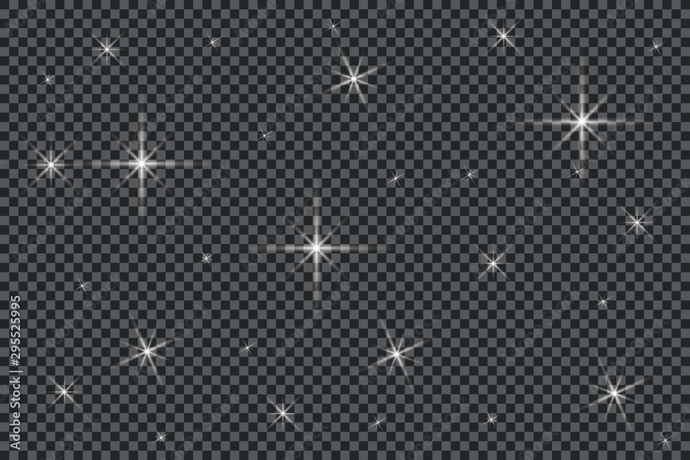 A set of bright beautiful stars. Light effect. Bright Star. Beautiful light for illustration. Christmas star.White sparkles shine special light effect. Vector sparkles on a transparent background