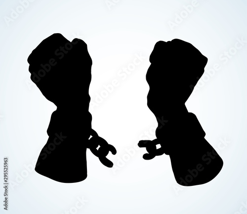 Hands tearing shackles. Vector drawing