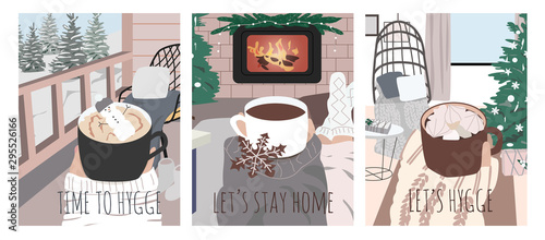 Hygge set of three cute cards of winter vibes and person enjoying moment with mug and hot drink. Cozy interior in trendy Scandinavian style. Christmas vector illustration print, poster, banner