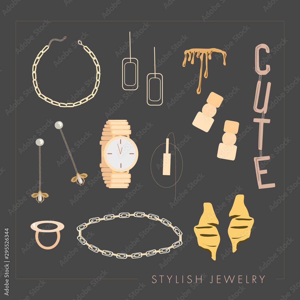 Set of trendy golden jewelry and accessories: rings, necklace, chain,  earrings, mono earring, bracelets, watches. Stylish jewelry text.Template  for print, card, flyer, shop concept. isolated elements Stock Vector |  Adobe Stock
