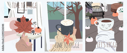Hygge set of three cute cards of happy person who spend time at home and enjoy it. Cozy interior in trendy Scandinavian style. Vector illustration print, poster, banner