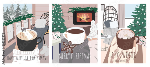 Hygge set of Christmas cards with person in warm sweater enjoying moment with mug and hot drink. Cozy interior in trendy Scandinavian style. Xmas vector illustration print, poster, banner