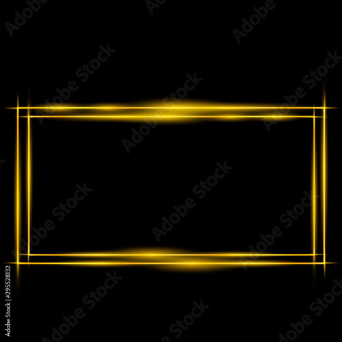 Golden frame with lights effects,Shining luxury banner vector illustration. Glow line golden frame with sparks and spotlight light effects. Shining rectangle banner isolated on black transparent