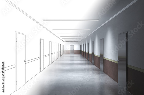 long corridor with doors, interior visualization, 3D illustration © vadim_fl