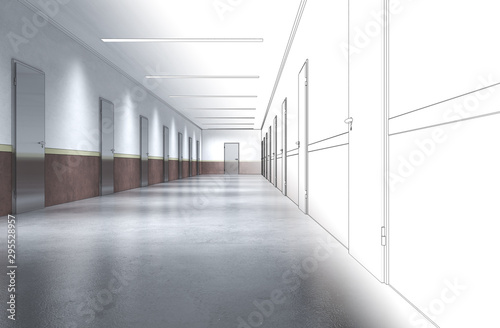 long corridor with doors  interior visualization  3D illustration