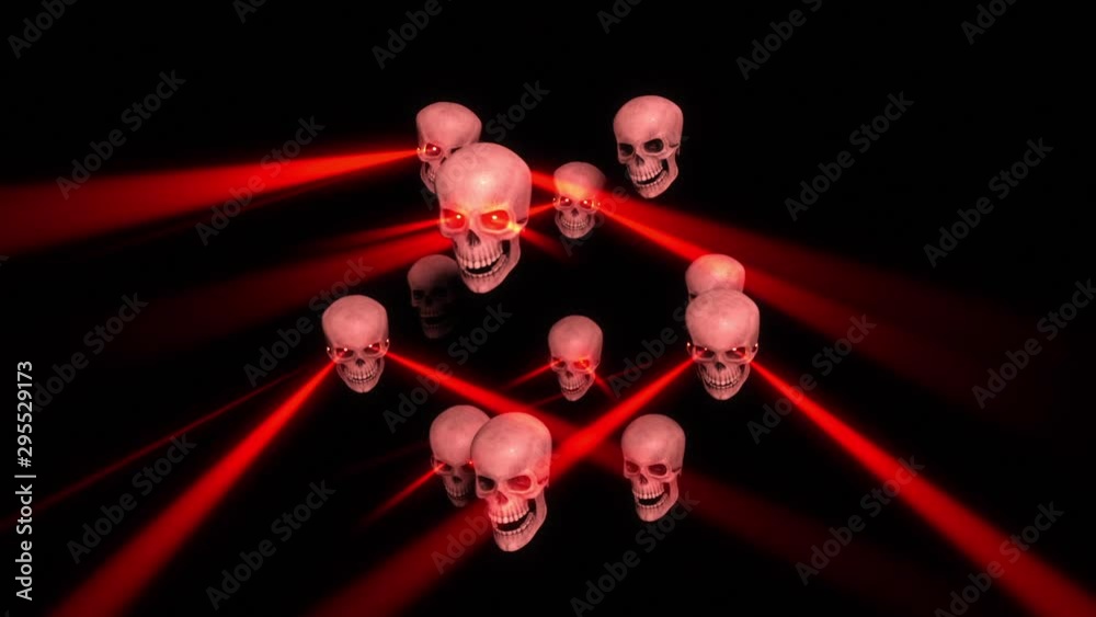 Animated skulls with laser beam eyes and rhytmic lights on the beat, red color, energic camera move.