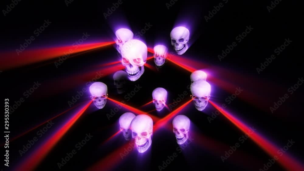 Animated skulls with laser beam eyes and rhytmic lights on the beat, retro futur color, energic camera move.