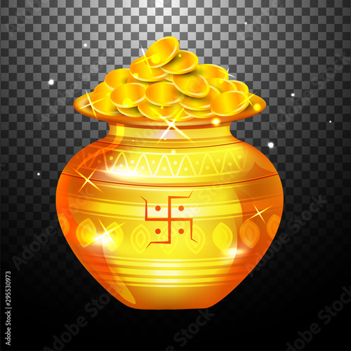 Illustration of illuminated Gold coin pot (kalash) with full of gold realistic coins (laxmi) on Png background.