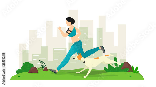 Girl runs with a dog in the park. Sports running with a pet. Vector illustration in cartoon flat style. Smartphone, health, app.